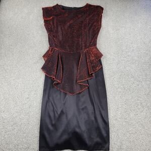 Vintage T Juniors Womens Dress 9 Red Black Metallic Peplum Cocktail Party Club